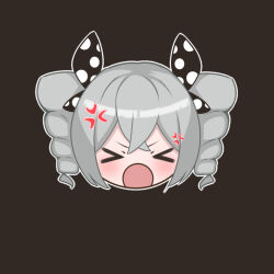Rule 34 | &gt; &lt;, 1girl, anger vein, angry, black bow, bow, bronya zaychik, bronya zaychik (wolf&#039;s dawn), brown background, closed eyes, closed mouth, grey hair, hair bow, head only, honkai (series), honkai impact 3rd, mumukum, open mouth, outline, polka dot, polka dot bow, simple background, solo, v-shaped eyebrows, white outline