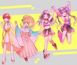 Rule 34 | 4girls, :d, alternate hairstyle, ankle boots, arm up, arms up, bag, bare arms, bare shoulders, black skirt, blue bow, blue kimono, boots, bow, breasts, brown footwear, cat hair ornament, choker, cleavage, commentary request, dancing, danganronpa (series), danganronpa 10th anniversary costume, danganronpa 2: goodbye despair, detached sleeves, dress, fake horns, flower, full body, hair bow, hair ornament, hairband, hakama, hakama skirt, hand up, hands up, hat, highres, holding hands, horns, japanese clothes, jumping, kimono, koizumi mahiru, long hair, long sleeves, looking at another, medium breasts, midriff, mioda ibuki, multiple girls, navel, official alternate costume, open mouth, orange eyes, orange hairband, pink bow, pink headwear, pink legwear, ponytail, red eyes, red hair, saionji hiyoko, shoes, short hair, shoulder bag, single thighhigh, skirt, smile, teeth, thighhighs, tsumiki mikan, twintails, upper teeth only, wide sleeves, yellow dress, zang li