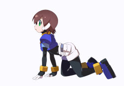Rule 34 | 1girl, aile (mega man zx), all fours, black bodysuit, blue footwear, blue jacket, bodysuit, bodysuit under clothes, brown hair, commentary request, cropped jacket, from side, full body, green eyes, jacket, kaidou zx, mega man (series), mega man zx, robot ears, short hair, shorts, simple background, white background, white shorts