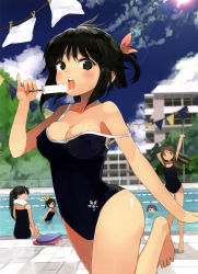 Rule 34 | 6+girls, absurdres, ahoge, arms up, bare shoulders, barefoot, black eyes, black hair, blue sky, breasts, brown hair, cleavage, clothesline, cloud, competition school swimsuit, covered erect nipples, day, feet, food, green eyes, highres, kickboard, lane line, lens flare, looking at viewer, medium breasts, multiple girls, nauribon, one-piece swimsuit, open mouth, original, outdoors, partially submerged, pool, poolside, popsicle, school, school swimsuit, short hair, side ponytail, sky, soaking feet, solo focus, strap slip, swimming, swimsuit, tongue, towel, wading, water