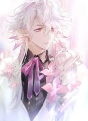 Rule 34 | 1boy, black shirt, cloak, e (h798602056), fate/grand order, fate (series), flower, highres, looking to the side, male focus, merlin (fate), neck ribbon, pink eyes, pink flower, pink ribbon, pointy ears, ribbon, shirt, short hair, smile, solo, upper body, white cloak, white hair