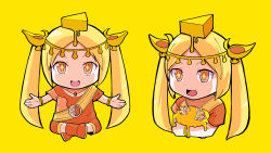 Rule 34 | + +, blonde hair, bracelet, brown dress, cheese, chibi, commentary request, cosmospice (vocaloid), dress, food, hatsune miku, highres, indian style, jewelry, kagamine len, kagamine rin, long hair, necklace, official art, open mouth, original, pinocchio-p, simple background, sitting, sparkling eyes, traditional clothes, twintails, vocaloid, yellow background, yellow eyes, yellow theme