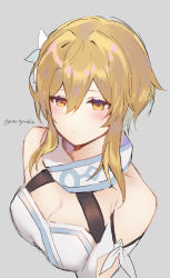 Rule 34 | 1girl, azna, blonde hair, blush, breasts, cleavage, closed mouth, cropped torso, detached sleeves, dress, flower, genshin impact, grey background, hair between eyes, hair flower, hair ornament, highres, lumine (genshin impact), medium breasts, orange eyes, short hair with long locks, simple background, solo, twitter username, upper body, white dress, white flower