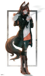 Rule 34 | 1girl, absurdres, alternate costume, animal ear fluff, animal ears, black jacket, black pants, boots, brown footwear, brown hair, casual, commentary, cross-laced footwear, cup, ehrrr, english commentary, framed, full body, hands up, high heel boots, high heels, highres, holding, holding cup, hood, hooded jacket, imaizumi kagerou, jacket, knee boots, lace-up boots, long hair, long sleeves, looking at viewer, open clothes, open jacket, outside border, pants, pocket, pom pom (clothes), red eyes, red shirt, shirt, solo, standing, tail, torn clothes, torn legwear, touhou, white background, white shirt, wolf ears, wolf tail, zipper