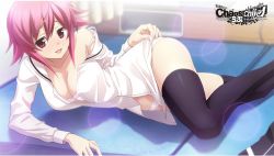 Rule 34 | 10s, 1girl, ;d, black thighhighs, bow, bra, breasts, chaos;child, chaos;child love chu chu!!, cleavage, collarbone, copyright name, game cg, hair bow, indoors, large breasts, lens flare, looking at viewer, lying, off shoulder, official art, on side, one eye closed, onoe serika, open clothes, open mouth, open shirt, panties, pink hair, red eyes, sasaki mutsumi, shirt, short hair with long locks, sidelocks, smile, solo, thighhighs, underwear, white bra, white panties, white shirt