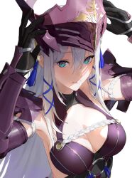 Rule 34 | 1girl, absurdres, armor, black gloves, blue eyes, breasts, cleavage, commentary request, from above, gloves, hair between eyes, highres, large breasts, long hair, looking at viewer, looking up, matsuo shogo, nijisanji, nijisanji en, removing helmet, simple background, smile, solo, upper body, victoria brightshield, virtual youtuber, white background, white hair