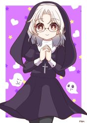Rule 34 | 1girl, absurdres, black pantyhose, brown eyes, cross, cross necklace, ghost, glasses, habit, heart, highres, hirato (kancolle), jewelry, kantai collection, looking at viewer, necklace, nun, own hands together, pantyhose, pirikara spicy tapioca, purple background, short hair, silver hair, sleeve cuffs, solo, star (symbol)