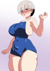 Rule 34 | 1girl, absurdres, bare shoulders, blue eyes, blush, breasts, bursting breasts, collarbone, covered navel, cowboy shot, ecchipoo, gradient background, green hair, highres, huge breasts, looking at viewer, one-piece swimsuit, parted lips, purple background, school swimsuit, short hair, sideboob, skindentation, solo, standing, swimsuit, uzaki-chan wa asobitai!, uzaki hana, white background