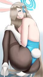 Rule 34 | 1girl, absurdres, ass, asuna (blue archive), asuna (bunny) (blue archive), blonde hair, blue archive, blue eyes, hair over one eye, halo, high heels, highres, long hair, looking back, poketune, rabbit ears, rabbit tail, ribbon, smile, solo, squatting, teeth