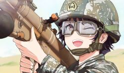 Rule 34 | aiming, anti-aircraft, anti-aircraft missile, camouflage, chin strap, china, digital camouflage, fatigues, fn-6, goggles, helmet, highres, holding, holding rocket launcher, holding weapon, manpad, original, people&#039;s liberation army, people&#039;s liberation army ground force, rocket launcher, weapon, wuyuu