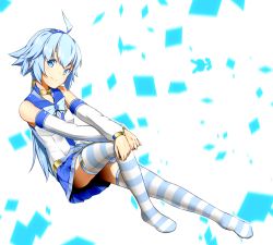 Rule 34 | 1girl, ahoge, bare shoulders, blue bow, blue bowtie, blue eyes, blue hair, blue skirt, blush, bow, bowtie, choker, detached sleeves, full body, hairband, long hair, long sleeves, looking at viewer, low ponytail, matching hair/eyes, ninnzinn, original, pleated skirt, skirt, smile, solo, striped clothes, striped thighhighs, thighhighs