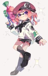 Rule 34 | 1girl, bad id, bad twitter id, black bow, black footwear, black neckerchief, black shorts, black socks, blouse, blunt bangs, blush, bow, braid, buttons, collar, dolphin shorts, from side, full body, gun, hat, holding, holding weapon, inkling, inkling girl, inkling player character, kneehighs, leg up, long sleeves, maco spl, neckerchief, nintendo, pointy ears, purple eyes, purple hat, shirt, shoes, short shorts, shorts, smile, socks, solo, splatoon (series), splattershot (splatoon), standing, standing on one leg, tentacle hair, tentacles, twin braids, weapon, white background, white shirt