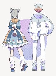 Rule 34 | 1boy, 1girl, absurdres, back bow, bear tail, blonde hair, blue bow, blue dress, blue footwear, boots, bow, brown footwear, commentary, cross-laced clothes, cross-laced sleeves, double bun, dress, from behind, full body, green hair, hair bun, highres, jacket, kusanagi nene, little strawbearry (project sekai), long sleeves, loose socks, masulagami, pants, pom pom (clothes), project sekai, shoes, sidelocks, socks, standing, tail, tenma tsukasa, white jacket, white pants, white socks