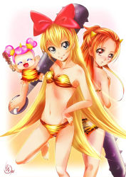 Rule 34 | 2girls, ai-chan (dokidoki! precure), animal print, ass, baby, barefoot, blonde hair, blue eyes, blush, bow, bra, breasts, brown hair, cleavage, closed mouth, collarbone, dokidoki! precure, embarrassed, fang, fang out, floating hair, groin, hair bow, hair bun, hairband, hand on own hip, heart hair bun, holding, holding weapon, horns, lingerie, long hair, looking at viewer, looking back, madoka aguri, multiple girls, navel, open mouth, panties, precure, print bra, red bow, red eyes, red hairband, regina (dokidoki! precure), small breasts, smile, standing, standing on one leg, strapless, strapless bra, tiger panties, tiger print, tomo5656ky, underwear, underwear only, very long hair, weapon, white background, yellow bra, yellow panties