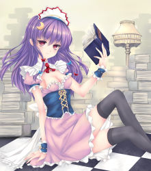 Rule 34 | 1girl, alternate costume, alternate headwear, arm support, black thighhighs, blush, book, bow, breasts, checkered floor, cleavage, crescent, crescent hair ornament, enmaided, floor, fred0092, frills, hair bow, hair ornament, highres, lamp, long hair, looking at viewer, maid, maid headdress, patchouli knowledge, purple eyes, purple hair, red eyes, sitting, small breasts, solo, thighhighs, touhou, very long hair, wrist cuffs
