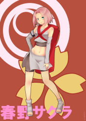 Rule 34 | 1girl, aqua eyes, backpack, bag, bare shoulders, character name, collarbone, cosplay, detached sleeves, female focus, fishnets, full body, fuu (naruto), fuu (naruto) (cosplay), haruno sakura, long sleeves, looking at viewer, midriff, minapusu, naruto (series), naruto shippuuden, navel, pink hair, shoes, short hair, skirt, smile, solo, standing, strapless, text focus