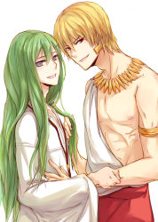 Rule 34 | 2boys, androgynous, bracelet, earrings, enkidu (fate), fate/strange fake, fate/zero, fate (series), gilgamesh (fate), green hair, grey eyes, holding, holding hair, jewelry, long hair, male focus, multiple boys, nebo+, necklace, red eyes, topless male, toga, white background