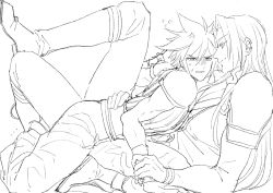 Rule 34 | 2boys, anger vein, armor, belt, blush, boots, box, cloud strife, final fantasy, final fantasy vii, final fantasy vii remake, full body, hair between eyes, hand on another&#039;s back, highres, holding another&#039;s wrist, in box, in container, lineart, long hair, long sleeves, male focus, mindcreator, multiple boys, muscular, muscular male, pants, parted bangs, sephiroth, short hair, shoulder armor, sleeveless, sleeveless turtleneck, smile, spiked hair, square enix, sweatdrop, turtleneck, yaoi