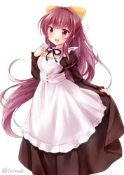 Rule 34 | 10s, 1girl, alternate costume, apron, black dress, bow, cowboy shot, dress, enmaided, flying sweatdrops, hair bow, kamikaze (kancolle), kantai collection, long hair, maid, nikoo, open mouth, purple eyes, purple hair, simple background, solo, standing, very long hair, white apron, white background, yellow bow