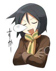 Rule 34 | &gt;:d, 10s, 1girl, :d, bandaid, bandaid on face, black hair, brave witches, brown gloves, closed eyes, gloves, jacket, kanno naoe, kinosaki (green patio), long sleeves, nose bubble, open mouth, scarf, short hair, simple background, sleeping, sleeping upright, smile, solo, strike witches, upper body, v-shaped eyebrows, white background, world witches series