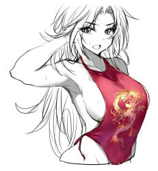 Rule 34 | armpits, blouse, breasts, china dress, chinese clothes, covering privates, dress, dudou, gendo0032, halterneck, large breasts, long hair, looking at viewer, original, red shirt, shirt, simple background, solo, spot color, sweatdrop, very long hair, white background