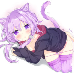 Rule 34 | 1girl, :o, absurdres, animal ears, ass, ass grab, bad id, bad nicoseiga id, blush, breasts, breath, cat ears, cat tail, collarbone, hair ornament, highres, hood, hoodie, kami shun0505, kamioka shun&#039;ya, kemonomimi mode, long sleeves, looking at viewer, low twintails, lying, no bra, on side, open clothes, open hoodie, open mouth, panties, panty pull, pink panties, pink thighhighs, purple eyes, purple hair, short hair, simple background, small breasts, solo, striped clothes, striped thighhighs, tail, thighhighs, trembling, twintails, underwear, vertical-striped clothes, vertical-striped thighhighs, vocaloid, voiceroid, white background, yuzuki yukari