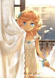 Rule 34 | 1girl, animal, backlighting, bird, blonde hair, blue bow, blue eyes, blurry, blurry background, blvefo9, bow, braid, closed mouth, collarbone, commentary, curtain grab, curtains, day, depth of field, dress, english commentary, freckles, frilled dress, frills, hair bow, highres, holding, indoors, long hair, looking at viewer, moe2020, open window, original, sleeveless, sleeveless dress, solo, swept bangs, transparent, white dress, window