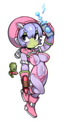 Rule 34 | 1girl, alien, arm up, black eyes, bodysuit, boots, breasts, colored skin, covered erect nipples, covered navel, creature and personification, energy gun, full body, gloves, green skin, gun, hair between eyes, holding, holding gun, holding weapon, knee boots, large breasts, leg up, multicolored bodysuit, multicolored clothes, no nose, nyong nyong, personification, pink bodysuit, pink footwear, pink gloves, purple bodysuit, purple hair, ray gun, reference inset, scutlix gunner (terraria), short hair, simple background, solo, terraria, two-tone bodysuit, weapon, white background