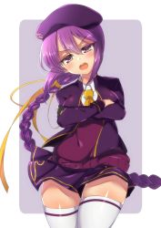Rule 34 | 1girl, beret, black gloves, blurry, blurry background, braid, breasts, cowboy shot, fingerless gloves, gloves, hat, highres, itsuka neru, long hair, long sleeves, looking at viewer, melty blood, open mouth, pointing, pointing at viewer, purple eyes, purple hair, purple hat, purple sweater, purple vest, simple background, single braid, sion eltnam atlasia, solo, standing, sweater, tsukihime, very long hair, vest, white background