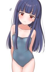 Rule 34 | 1girl, arms behind back, blue hair, blush, breasts, collarbone, commentary, covered navel, dot nose, grey one-piece swimsuit, head tilt, highres, idolmaster, idolmaster cinderella girls, long hair, looking at viewer, mariabowl, one-piece swimsuit, red eyes, sajo yukimi, sidelocks, small breasts, smile, solo, swimsuit, thighs, white background