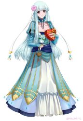 Rule 34 | 1girl, artist request, blue hair, blush, chocolate, dress, fire emblem, fire emblem: the blazing blade, fire emblem heroes, full body, hair ornament, long hair, looking at viewer, ninian, nintendo, open mouth, red eyes, simple background, smile, solo, white background