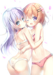 Rule 34 | 2girls, ;d, ass, bare arms, bare shoulders, blue eyes, blue hair, blush, bow, bow panties, bra, breasts, brown hair, cameltoe, closed mouth, collarbone, commentary request, gochuumon wa usagi desu ka?, hair between eyes, hair ornament, hairclip, highres, hoto cocoa, hug, kafuu chino, long hair, looking at viewer, medium breasts, multiple girls, natuna natu, one eye closed, open mouth, panties, petals, pink bra, pink panties, purple eyes, simple background, small breasts, smile, underwear, underwear only, very long hair, white background, white bra, white panties, x hair ornament
