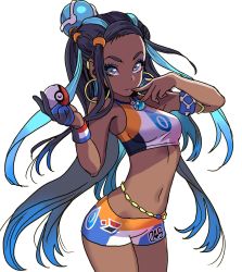 Rule 34 | 1girl, armlet, bare shoulders, bikini, black hair, blue eyes, blue hair, breasts, closed mouth, commentary request, creatures (company), dark-skinned female, dark skin, earrings, eyeshadow, fingernails, game freak, gloves, gradient hair, gym leader, hands up, highres, holding, holding poke ball, jewelry, lips, long hair, looking at viewer, makeup, medium breasts, midriff, multicolored hair, navel, nessa (pokemon), nintendo, poke ball, poke ball (basic), pokemon, pokemon swsh, shorts, single glove, sleeveless, smile, solo, sports bikini, stomach, swimsuit, white background, yamashita shun&#039;ya
