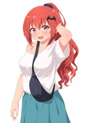Rule 34 | 1girl, :d, aged up, alternate hair length, alternate hairstyle, aqua skirt, bad id, bad pixiv id, bag, bat hair ornament, between breasts, blush, breasts, collarbone, commentary request, fang, gabriel dropout, hair between eyes, hair ornament, hair scrunchie, hand in own hair, head tilt, high ponytail, highres, large breasts, long hair, looking at viewer, nyaroon, off-shoulder shirt, off shoulder, open mouth, pink eyes, ponytail, red hair, satanichia kurumizawa mcdowell, scrunchie, shirt, short sleeves, simple background, single bare shoulder, skirt, smile, solo, standing, very long hair, white background, white shirt
