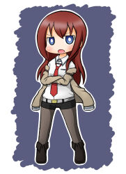 Rule 34 | 1girl, :o, belt, belt buckle, black footwear, black shorts, blue eyes, blush, boots, brown hair, brown jacket, brown pantyhose, buckle, chibi, collared shirt, commentary request, crossed arms, full body, grey background, grey belt, hair between eyes, jacket, long hair, long sleeves, looking at viewer, makise kurisu, naga u, necktie, off shoulder, open clothes, open jacket, open mouth, pantyhose, red necktie, shirt, short shorts, shorts, solo, standing, steins;gate, two-tone background, v-shaped eyebrows, white background, white shirt