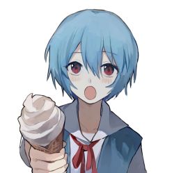 Rule 34 | 1girl, ayanami rei, blue hair, blush, breasts, commentary, dango (uni 520), food, holding, holding food, holding ice cream, ice cream, ice cream cone, incoming food, looking at viewer, medium breasts, neon genesis evangelion, open mouth, red eyes, school uniform, short hair, solo, symbol-only commentary, tokyo-3 middle school uniform