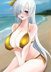 Rule 34 | 1girl, anastasia (fate), arms between legs, asymmetrical bangs, asymmetrical hair, bare arms, bare shoulders, beach, between legs, bikini, blue eyes, blurry, blurry background, bow, breasts, breasts squeezed together, cleavage, collarbone, cowboy shot, fate/grand order, fate (series), gold bikini, grey hair, hair bow, hair over one eye, hand between legs, highres, huge breasts, light blush, long hair, looking at viewer, ocean, open mouth, outdoors, sawatarou (roto), side-tie bikini bottom, sitting, smile, solo, straight hair, string bikini, swimsuit, very long hair