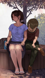 1boy 1girl absurdres age_difference bag bare_legs blouse bottle breasts closed_eyes clothes_lift crossed_legs hair_over_one_eye highres long_hair looking_at_another mature_female motherly_netorare netorare original ponytail restrained sato-san_(yewang19) shirt short_hair sitting skirt skirt_lift smile toes yewang19