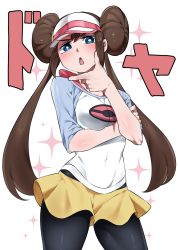 Rule 34 | 1girl, black pantyhose, blue eyes, blush, bow, breasts, brown hair, commentary request, covered navel, creatures (company), double bun, game freak, geroro44, hair bun, hand on own chin, highres, long hair, nintendo, open mouth, pantyhose, pantyhose under shorts, pink bow, pokemon, pokemon bw2, pokemon masters ex, raglan sleeves, rosa (pokemon), shirt, short shorts, shorts, solo, stroking own chin, tongue, twintails, visor cap, yellow shorts