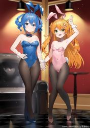 Rule 34 | 2girls, amagasa yun, amiami (company), amico, animal ears, arm up, armpits, artist name, black pantyhose, blue bow, blue bowtie, blue eyes, blue footwear, blue hair, blue leotard, blurry, blurry background, bow, bowtie, breasts, cleavage, closed mouth, commentary request, copyright notice, covered navel, detached collar, drill hair, english text, fake animal ears, full body, green eyes, hair ornament, hairclip, high heels, highleg, highleg leotard, highres, holding hands, indoors, large breasts, legs, leotard, lilco, logo hair ornament, long hair, medium breasts, medium hair, multiple girls, open mouth, orange hair, pantyhose, pink bow, pink bowtie, pink footwear, pink leotard, playboy bunny, second-party source, shiny clothes, shiny skin, sidelocks, sleeve cuffs, smile, thighs, tile floor, tiles, twin drills, twintails