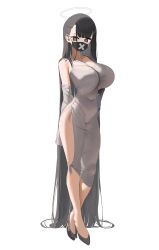 Rule 34 | 1girl, absurdres, arms behind back, bag, bare shoulders, black hair, blue archive, blush, breasts, dress, handbag, highres, large breasts, long hair, mask, mouth mask, nicorima, shoes, solo, sukeban (smg) (blue archive), tight clothes, white background, white dress