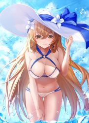 Rule 34 | 1girl, bad id, bad twitter id, bare shoulders, bikini, blue sky, blush, breasts, brown hair, cleavage, cloud, collarbone, day, girls&#039; frontline, green eyes, groin, hair between eyes, hair rings, hat, large breasts, leaning forward, long hair, looking at viewer, navel, necoring862, o-ring, o-ring top, official alternate costume, outdoors, ponytail, sidelocks, sky, smile, solo, springfield (girls&#039; frontline), springfield (stirring mermaid) (girls&#039; frontline), stomach, sun hat, swimsuit, thighs, wading, white bikini, white hat