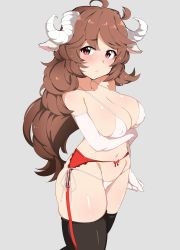 Rule 34 | 1girl, absurdres, ahoge, animal ears, arknights, bikini, black thighhighs, blush, breast hold, breasts, brown hair, clenched hand, collarbone, commentary request, curled horns, elbow gloves, eyjafjalla (arknights), garter straps, gloves, grey background, highres, horns, large breasts, long hair, looking at viewer, micro bikini, navel, pink eyes, pout, seihekiog, sheep ears, sheep horns, side-tie bikini bottom, skindentation, solo, swimsuit, thighhighs, wavy hair, white bikini, white gloves