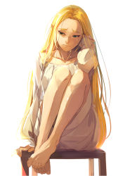 Rule 34 | 1girl, barefoot, blonde hair, breasts, chair, collarbone, crying, dress, eorinamo, full body, green eyes, half-closed eyes, hand in own hair, highres, long hair, long sleeves, looking to the side, medium breasts, nintendo, parted bangs, pointy ears, princess zelda, puffy long sleeves, puffy sleeves, sad, sitting, solo, tears, the legend of zelda, the legend of zelda: breath of the wild, toes, white background, white dress