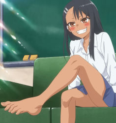 Rule 34 | 1girl, bare legs, barefoot, black hair, brown eyes, couch, feet, foot focus, foot out of frame, grin, highres, ijiranaide nagatoro-san, legs, long hair, nagatoro hayase, school uniform, screencap, sitting, smile, solo, stitched, third-party edit, toes