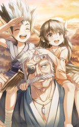 Rule 34 | 1girl, 2boys, age difference, animal ears, aquaplus, artist request, brother and sister, brown eyes, brown hair, carrying, carrying person, eyepatch, closed eyes, facial hair, family, genjimaru (utawarerumono), grandfather and granddaughter, grandfather and grandson, grey eyes, grey hair, hand on another&#039;s head, height difference, hien (utawarerumono), highres, japanese clothes, jewelry, kimono, long hair, long sleeves, looking to the side, looking up, messy hair, multiple boys, muscular, muscular male, mustache, necklace, nose, official art, old, old man, open mouth, sakuya (utawarerumono), short hair, siblings, sitting, sitting on person, sitting on shoulder, spiked hair, teeth, tongue, utawarerumono, utawarerumono: lost flag, wide sleeves, wrinkled skin, aged down