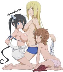 Rule 34 | 3girls, aiz wallenstein, artist name, ass, barefoot, black hair, blonde hair, blue eyes, blue shorts, bow, breast press, breasts, butt crack, commentary request, dungeon ni deai wo motomeru no wa machigatteiru darou ka, feet, full body, gloves, hair bow, hair ribbon, hestia (danmachi), kneeling, large breasts, liliruca arde, long hair, multiple girls, paid reward available, panties, parted lips, pink panties, rei no himo, ribbon, shorts, shorts around one leg, simple background, small breasts, smile, soles, takahan, toes, twintails, twitter username, underwear, underwear only, undressing, white background, white bow, white gloves, white panties, white ribbon