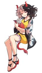 Rule 34 | 1girl, alphes (style), animal ears, animal print, bad id, bad pixiv id, black hair, collarbone, cow ears, cow print, dairi, artistic error, feet, full body, horns, looking at viewer, midriff, multicolored hair, navel, open mouth, parody, red eyes, red horns, short hair, simple background, smile, solo, split-color hair, style parody, tachi-e, touhou, transparent background, two-tone hair, ushizaki urumi, white background, white hair, wrong foot