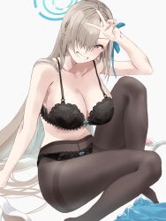 Rule 34 | 1girl, asuna (blue archive), asymmetrical bangs, black bra, black panties, black pantyhose, blue archive, blush, bra, breasts, cleavage, embroidered bra, embroidered panties, fingernails, hair over one eye, halo, highres, kuu (user gngs5284), large breasts, light brown hair, long bangs, looking at viewer, mole, mole on breast, nail polish, one eye covered, panties, pantyhose, shoes, unworn shoes, simple background, smile, solo, underwear, underwear only, v, white background
