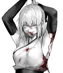 Rule 34 | 1girl, arms up, blood, blood on clothes, blood on face, bow, breasts, closed mouth, cuts, fate/grand order, fate (series), hair between eyes, hair bow, highres, holding, injury, japanese clothes, kimono, looking at viewer, medium breasts, monochrome, okita souji (fate), okita souji (koha-ace), simple background, sleeveless, sleeveless kimono, solo, spot color, tsuno (tnngur), upper body